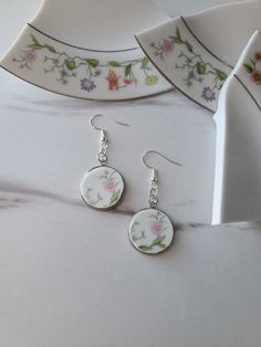 Broken China plate dangle earrings - statement jewelry made from dishes - multicolor floral spring earrings by NewPlateWhoDish on Etsy Pink Floral Earrings, Plates And Silverware, Spring Earrings, Broken China, China Plates, Earrings Statement, Floral Earrings, Spring Floral, Statement Jewelry