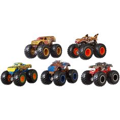 four monster trucks are shown in different colors