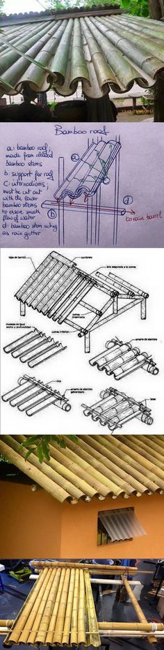 three different views of an outdoor structure with wood beams and metal rods on the roof