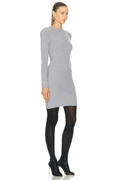 100% cashmere.  Made in Italy.  Dry clean only.  Unlined.  Pull-on styling.  Padding at shoulders.  Ribbed knit fabric.  .  .  .  .  .  .  .  .  . Winter Knee-length Knit Mini Dress, Gray Stretch Long Sleeve Mini Dress, Fitted Gray A-line Mini Dress, Chic Gray Mini Sweater Dress, Knee-length Knit Stretch Mini Dress, Ribbed Knit Fabric, Glamorous Dresses, Mid Dresses, Tailored Suits