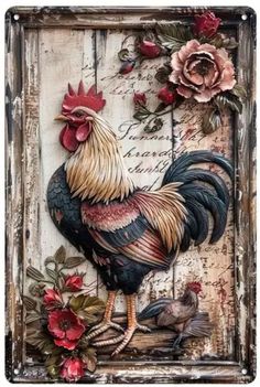 a rooster with flowers on it's head and an old wooden frame in the background