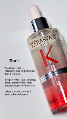 Heres the truth about Genesis: its a strengthening serum that aims to prevent breakage for weakened hair! It helps control haie shedding ans soothes the scalp. Kerastase Genesis Serum, Anti Breakage Hair Products, Product Reveal, Best Hair Serum, Hair Serums, Haircut For Face Shape, Korean Skin Care Secrets