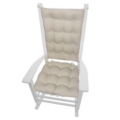 a white chair with a beige cushion on it's back and seat padding