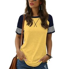 TEMOFON Womens Tops Fashion Trendy Cute Summer Casual Top Short Sleeve Striped Color Block Crew Neck Flowy Tunic T Shirts Yellow Shirts for Women Women yellow shirts fashionable stripe design and a variety of colors allow you to match clothes at will. Ladies tops adapt to various occasions and moods. Product Details: Size: S, M, L, XL, 2XL Material: Rayon/Polyester/Spandex. Style: Casual & Cute, Loose & Breathable, Soft & Comfortable Season: Spring tops for women 2024 trendy, Summer blouses for Women Summer Casual, Color Block Tee, Striped Tunic, Short Sleeve Design, Striped Short Sleeve Shirt, Casual Tunics, Shirts Short Sleeve, Tops And Blouses, Casual Summer Tops