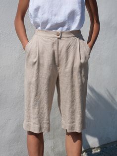 WOMENS LINEN SHORTS Handmade women's linen loose fitting shorts with pockets, elegant and comfy, stone washed softened crumpled, thick, medium weight linen. Hand made after ordering in small family studio. - Material: Premium quality 100% European stone washed crumpled linen - Color in the picture - Beige - Sizes: UK 18 - US 14 - Care: machine wash gentle - Recommended to dry in the dryer at low temperature 40 C / 104 F to keep this linen fabric soft and natural crumpled look PLEASE TAKE INTO AC Womens Linen Shorts, Long Linen Skirt, Linen Shorts Women, Linen Tunic Tops, Linen Color, Linen Short, Linen Tunic, Linen Material, Shorts Summer