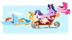 a group of little pony riding in a sleigh with rainbows on it