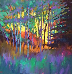 an oil painting of trees and grass in the woods at sunset or sunrise with bright colors