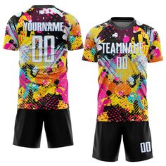 a soccer jersey and shorts with the name team mate 00 on it in multicolored paint