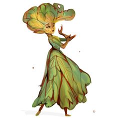 a woman in a green dress is holding a large leafy plant on her head