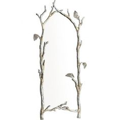 a mirror with branches and birds on the bottom, in front of a white background