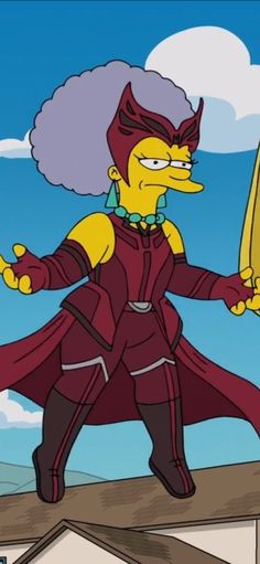 the simpsons is holding two swords in one hand and standing on top of a roof