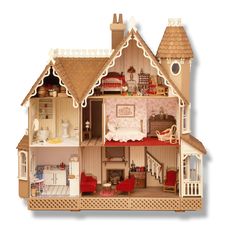 a doll house with furniture and accessories on the top floor is shown in full view