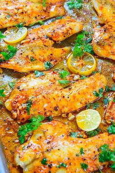 chicken with lemons and parsley in a pan