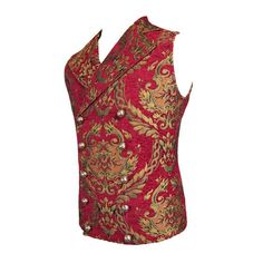 Devil Fashion Pirate Costume Gothic Patterned Red And Gold Men Short Fitted Waistcoats Traditional Red Vest For Festival, Red Fitted Nehru Jacket For Festivals, Fitted Red Nehru Jacket For Festivals, Fitted Gold Brocade Tops, Brocade Vest, Gold Vest, Red Waistcoat, Gothic Pattern, Persian Art