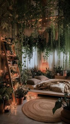 a bedroom with lots of plants hanging from the ceiling