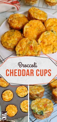 broccoli cheddar cups on a plate with muffins in the background