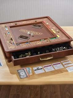 a wooden table topped with a board game