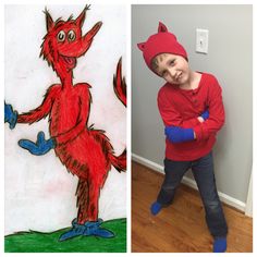 two pictures one with a child's drawing and the other with an image of a cat in the hat