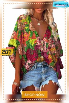 Women's V-neck Batwing Sleeve Digital Printing Blouses Fall Vacation Blouse With Split Neck, Printed V-neck Blouse For Vacation, Fall Vacation Split Neck Blouse, Split Neck Blouse For Fall Vacation, Summer Vacation V-neck Top, Fall Beach Tops With Split Neck, V-neck Blouse For Beach, Multicolor Split Neck Top For Spring, Summer V-neck Blouse For Vacation