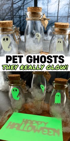 there are three glass jars with ghost faces in them and the words pet ghosts they really glow