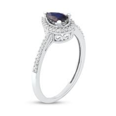 With vibrant color, this vintage-inspired gemstone and diamond ring elevates your attire. Created in 10K white gold, this design showcases a 6.0 x 4.0mm pear-shaped bright blue sapphire - wrapped in a frame of shimmering diamonds and intricate milgrain detailing. Ribbons of diamonds glisten along the shank for extra sparkle. Radiant with 1/10 ct. t.w. of diamonds and a brilliant buffed luster, this ring is a stunning addition to your jewelry box. Formal Diamond Birthstone Ring With Gemstone Accents, White Gold Diamond Birthstone Ring With Gemstone Accents, Classic Sapphire Rings With Gemstone Accents, Formal Sapphire Diamond Ring With Gemstone Accents, Formal Sapphire Birthstone Ring With Diamond Accents, Fine Jewelry Sapphire Ring With Diamond And Gemstone Accents, Classic Sapphire Ring With Gemstone Accents For Formal Occasions, Elegant Sapphire Diamond Ring With Gemstone Accents, White Gold Sapphire Ring With Diamond Gemstone Accents