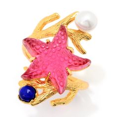 Part of Tagliamonte's Sea Life collection, this eye-catching ring is a must-have for any sea and beach lover. In addition to the gorgeous Venetian glass starfish cameo in your choice of color, it features a 5.5mm freshwater cultured pearl and a 4mm lapis lazuli gemstone. Crafted from 18K gold plated sterling silver, the elongated design makes it a bold statement piece. Slide it on your finger to finish off your look with a touch of aquatic-inspired whimsy. You'll love all the compliments you receive! Luxury Starfish-shaped Jewelry Gift, Sea And Beach, Engagement Rings Channel Set, Silver Eternity Ring, Dainty Wedding Ring, Gold Diamond Band, Lapis Ring, Yellow Gold Diamond Ring, Princess Ring