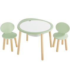 the table and chairs are green with wooden legs, one is white and the other is light green