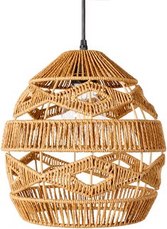 a light that is made out of wicker and has a black cord hanging from it