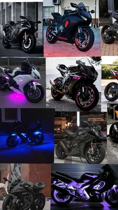 many different types of motorcycles are shown in this collage with blue and pink lights