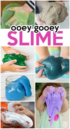 the cover of gooey gooey slime is shown with images of different colors and shapes