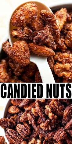 there is a bowl full of candied nuts with the words candied nuts above it