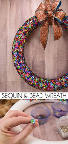 a hand holding a bead wreath with the words sequin & bead wreath on it