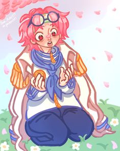 a drawing of a woman with pink hair and glasses sitting on the ground in front of flowers