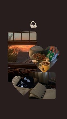 a collage of photos with coffee, books and headphones in the middle of them