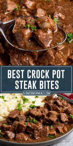 Crock pot steak bites on a plate with mashed potatoes. Beef Cubes Recipe Slow Cooker, Easy Family Recipes Crockpot Steak Bites, Cube Steak Bites Recipes, Beef Tips And Broccoli Crock Pots, Crock Pot Meals For Men, Crockpot Steak Bites And Gravy, Steak Recipes In Crock Pot, Crockpot Kettle Beef, Cube Steak Crock Pot Recipes Au Jus