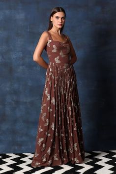 Brown sleeveless gathered flare gown in georgette base with all over butterfly embellishments and V waistline. - Aza Fashions Butterfly Embellishment, Gown For Women, Flare Gown, Gown Pattern, Embellished Gown, Ladies Gown, Gowns Online, Jewel Neck, Aza Fashion