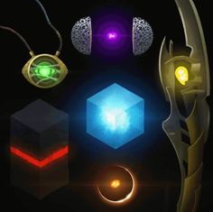 an array of different types of lights and objects in the dark with one glowing light