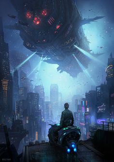 a man sitting on top of a motorcycle in front of a futuristic city