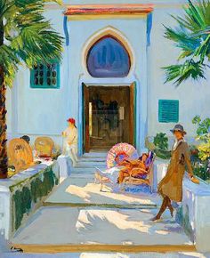 a painting of people walking into a building with palm trees in the foreground and an open door leading to another building