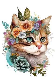 a cat with flowers on its head