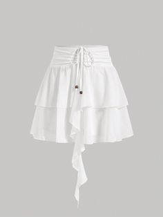 Women's Solid Color Drawstring Ruched Summer Skirt White Casual   Woven Fabric Plain Layered/Tiered Non-Stretch  Women Clothing, size features are:Bust: ,Length: ,Sleeve Length: Shein Skirts, Skirts White, Women Skirts, High Waist Dress, Sports Skirts, Summer Skirts, Cute Skirts, White Casual, White Skirts