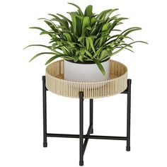 a potted plant sitting on top of a wicker tray with metal legs and black frame