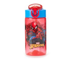 a red and blue water bottle with spiderman on the front, sitting against a white background