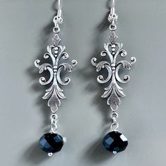 "Ornate Silver Earrings - Faceted Black Glass Crystal Beads dangle from Antiqued Silver plated Victorian style Earrings.  They have a lot of detail. Antiqued Silver plated Earwires with Silver Filigree Beads Earrings measure slightly over 2.75\" from top of earwires to bottom." Victorian Style Earrings, Dressy Earrings, Victorian Earrings, Fancy Earrings, Beads Earrings, Gift For Woman, Wife Gift, Earrings Black, Silver Filigree