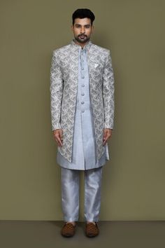 Off white and grey full sleeves layered sherwani crafted in jacquard silk with vintage fleur pattern detailing on the outer layer and plain inner layer. Paired with an Aligadhi pant. - Aza Fashions Self Design, Band Collar, Satin Color, Pocket Square, Full Sleeve, Aza Fashion, Mens Pants, Types Of Sleeves, Off White