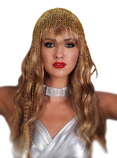 "Sassy headdress hat with all over shiny beads and fringe in front and back. Beads hang 4\"-6\" in the back and 1\" front with Stretch to fit around entire head. Color: Gold" Party Crown Headpiece With Beads, Bohemian Headband Costume Hats And Headpieces For Party, Bohemian Headpiece For Mardi Gras Party, Adjustable Silver Costume Hats And Headpieces For Festival, Bohemian Headpiece For Carnival Party, Carnival Adjustable Beaded Headpiece, Carnival Beaded Adjustable Headpieces, Silver Adjustable Headpieces For Carnival, Adjustable Silver Headpiece For Carnival