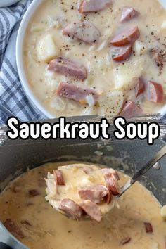 two pictures of soup with ham and cheese in it