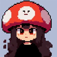 a pixelated image of a woman wearing a red mushroom hat