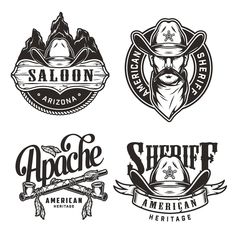 four different logos for the american heritage saloon, including an eagle, sheriff and fireman