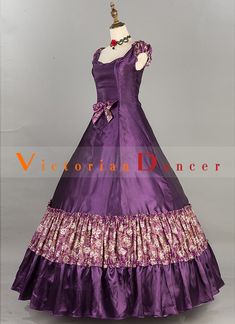 Purple Floral Victorian Southern Belle Lolita Princess Ball Gown   Condition: Brand New  Color: amp;nbsp; Purple  Material: This Victorian Southern Belle Dress is made of amp;nbsp; High Quality Cotton and Satins,smooth, soft and comfortable to wear  Sleeve Length: Short Sleeve  Dresses Length:Floor-Length  Neckline: amp;nbsp; Square Collar  Decoration: Ruffles + Bow  Style: This dress is perfect for civil war,victorian,medieval,regency,renaissance, wedding, cosplay, themed party, photograph, sta Purple Fitted Bodice Dress For Costume, Purple Costume Dress With Fitted Bodice, Purple Ruffled Dress For Costume, Purple Vintage Victorian Dress For Wedding, Purple Floor-length Costume Dress, Vintage Purple Victorian Dress For Wedding, Fitted Purple Victorian Costume Dress, Fitted Purple Victorian Dress Costume, Regency Style Purple Wedding Dress